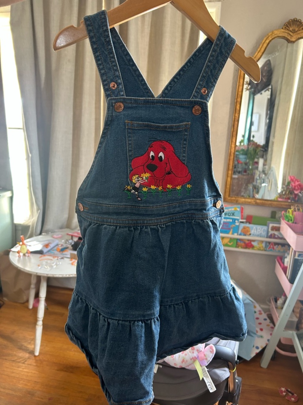 Kids Denim Overalls Dress with Red Puppy Applique